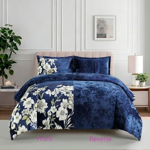 Sunshine Nicole Reversible Comforter Set, Printed Distressed Velvet Front and Sold Distressed Velvet Reverse, 3 Pieces Navy Blue King, with Soft Polyester Fill - Image 2