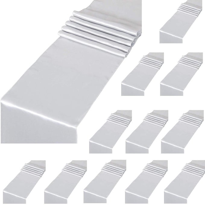 12 PACK SILVER SATIN TABLE RUNNERS 12 X 108 INCHES LONG SILK SMOOTH FABRIC FOR WEDDING BIRTHDAY BANQUET GRADUATIONS PARTY DECORATIONS