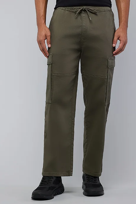 R&B Solid Cargo Jeans with Drawstring Waist