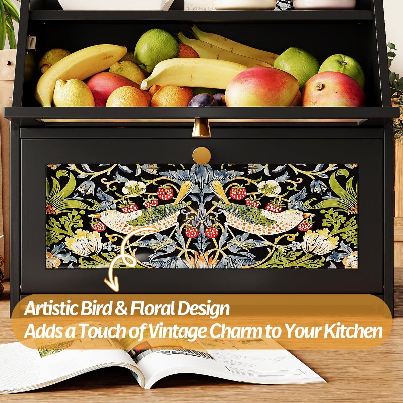 Trironsun Bamboo Bread Box for Kitchen Counter Black Bread Storage Container with Acrylic Door William Morris Flower Bird Design Farmhouse Breadbox Organizer (Black, 2 Layer) - Image 4