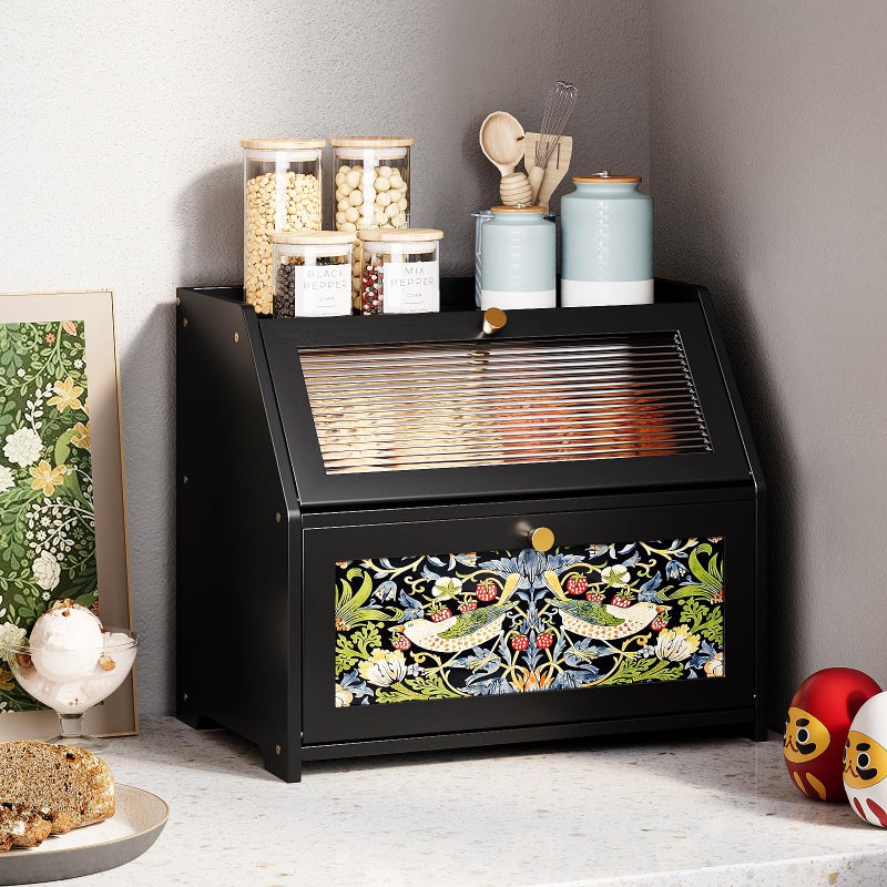 Trironsun Bamboo Bread Box for Kitchen Counter Black Bread Storage Container with Acrylic Door William Morris Flower Bird Design Farmhouse Breadbox Organizer (Black, 2 Layer) - Image 3
