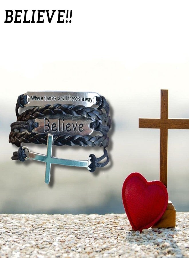 إنفينيتي كوليكشن سوار جلدي ملهم من مجموعة إنفينيتي للنساء والرجال - يحمل رسالتي "حيث توجد إرادة توجد طريقة" و"آمن" مع تعليقة صليب - هدية مجوهرات إيمانية قابلة للتعديل - Image 4