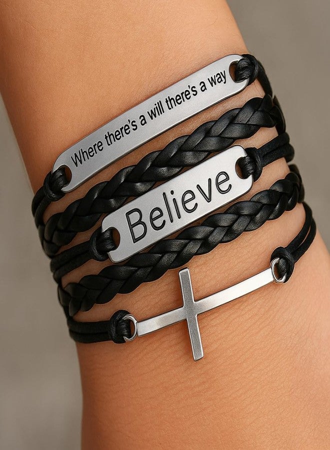 إنفينيتي كوليكشن سوار جلدي ملهم من مجموعة إنفينيتي للنساء والرجال - يحمل رسالتي "حيث توجد إرادة توجد طريقة" و"آمن" مع تعليقة صليب - هدية مجوهرات إيمانية قابلة للتعديل - Image 2