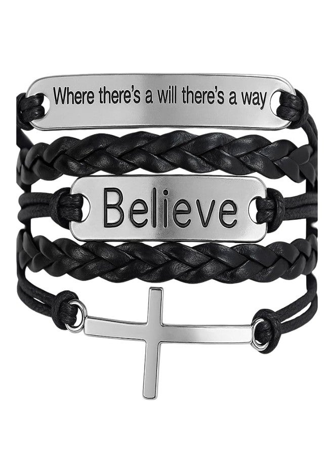 إنفينيتي كوليكشن سوار جلدي ملهم من مجموعة إنفينيتي للنساء والرجال - يحمل رسالتي "حيث توجد إرادة توجد طريقة" و"آمن" مع تعليقة صليب - هدية مجوهرات إيمانية قابلة للتعديل - Image 1