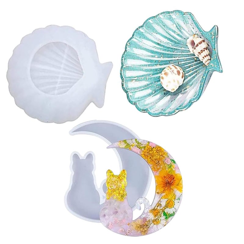 SNOOGG ™Set of 1 Sea Shell Shape and Moon cat Decoration Silicone Molds for Epoxy Resin Casting for Event, Resin Art Casting, Epoxy, Wedding,Valentine,Anniversary Gift - Image 1