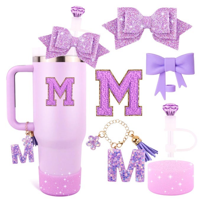PURPLE CUP ACCESSORIES SET FOR STANLEY 30OZ 40OZ TUMBLER WITH HANDLE LETTER CHARMS BOW DIAMOND STRAW COVERS GLITTER SILICONE BOOT PERSONALIZED STICKER FOR STANLEY CUP ACCESSORIES M