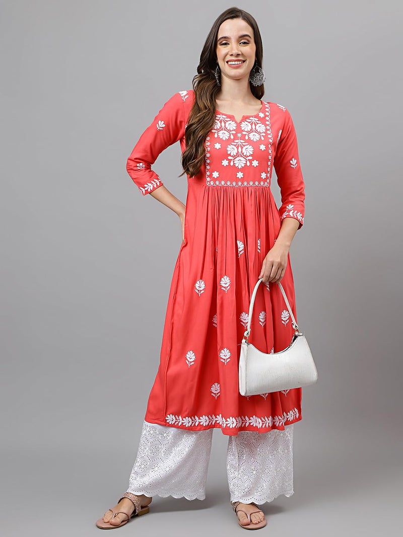 RATAN Women's Rayon Anarkali Lucknowi Chikankari Ethnic Wear Regular Fit Kurta (Rumi-PCH-L_Peach Blossom), Large - Image 2