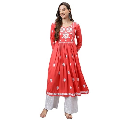 RATAN Women's Rayon Anarkali Lucknowi Chikankari Ethnic Wear Regular Fit Kurta (Rumi-PCH-L_Peach Blossom), Large - Image 1