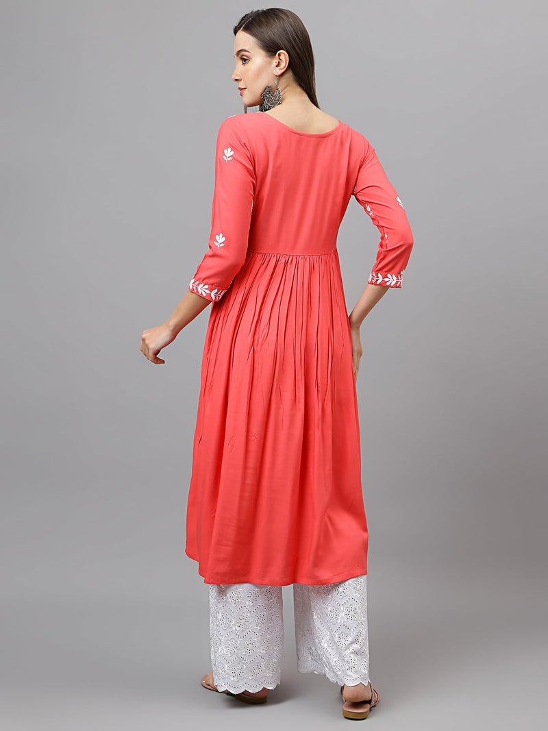 RATAN Women's Rayon Anarkali Lucknowi Chikankari Ethnic Wear Regular Fit Kurta (Rumi-PCH-L_Peach Blossom), Large - Image 4