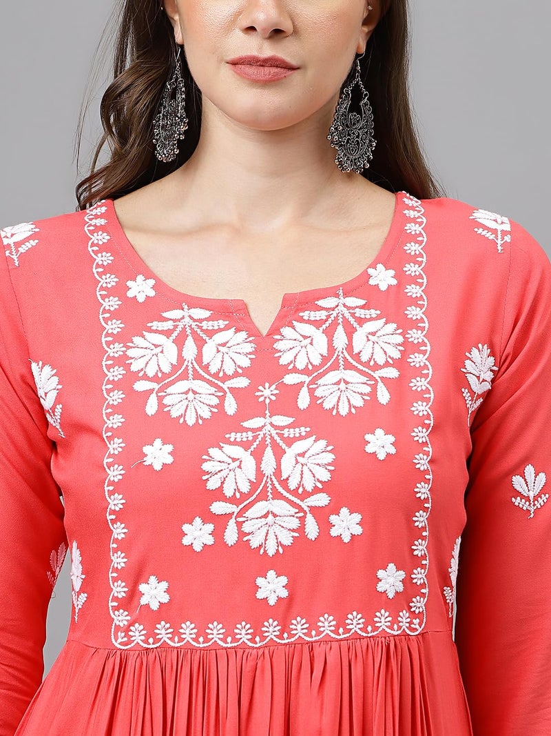 RATAN Women's Rayon Anarkali Lucknowi Chikankari Ethnic Wear Regular Fit Kurta (Rumi-PCH-L_Peach Blossom), Large - Image 5