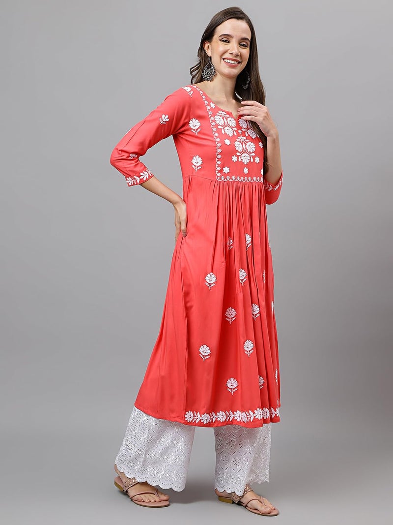 RATAN Women's Rayon Anarkali Lucknowi Chikankari Ethnic Wear Regular Fit Kurta (Rumi-PCH-L_Peach Blossom), Large - Image 3