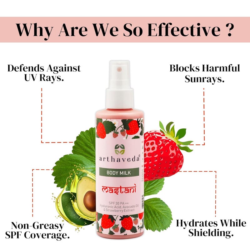 Arthaveda Body Milk Mastani with SPF 30 Hyaluronic Acid Avocado Oil Strawberry extract for Instant UV Protection I No White Cast I Nongreasy Lightweight I 200 ml - Image 2