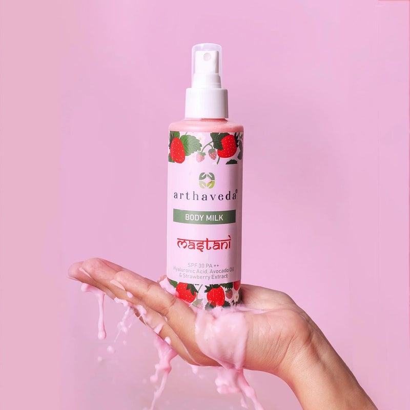 Arthaveda Body Milk Mastani with SPF 30 Hyaluronic Acid Avocado Oil Strawberry extract for Instant UV Protection I No White Cast I Nongreasy Lightweight I 200 ml - Image 3