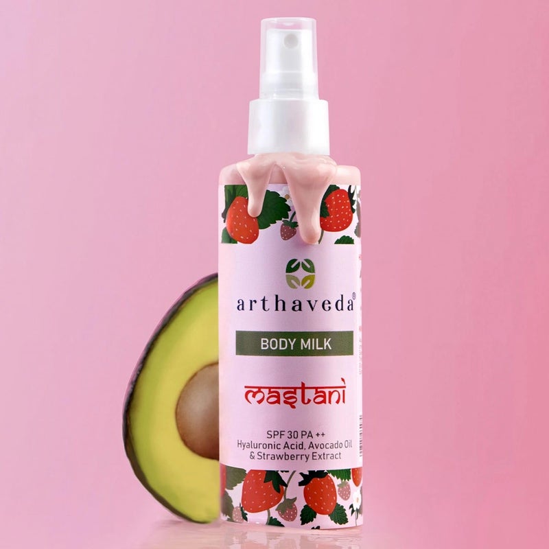 Arthaveda Body Milk Mastani with SPF 30 Hyaluronic Acid Avocado Oil Strawberry extract for Instant UV Protection I No White Cast I Nongreasy Lightweight I 200 ml - Image 5
