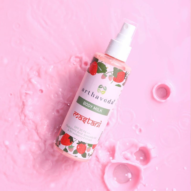 Arthaveda Body Milk Mastani with SPF 30 Hyaluronic Acid Avocado Oil Strawberry extract for Instant UV Protection I No White Cast I Nongreasy Lightweight I 200 ml - Image 1