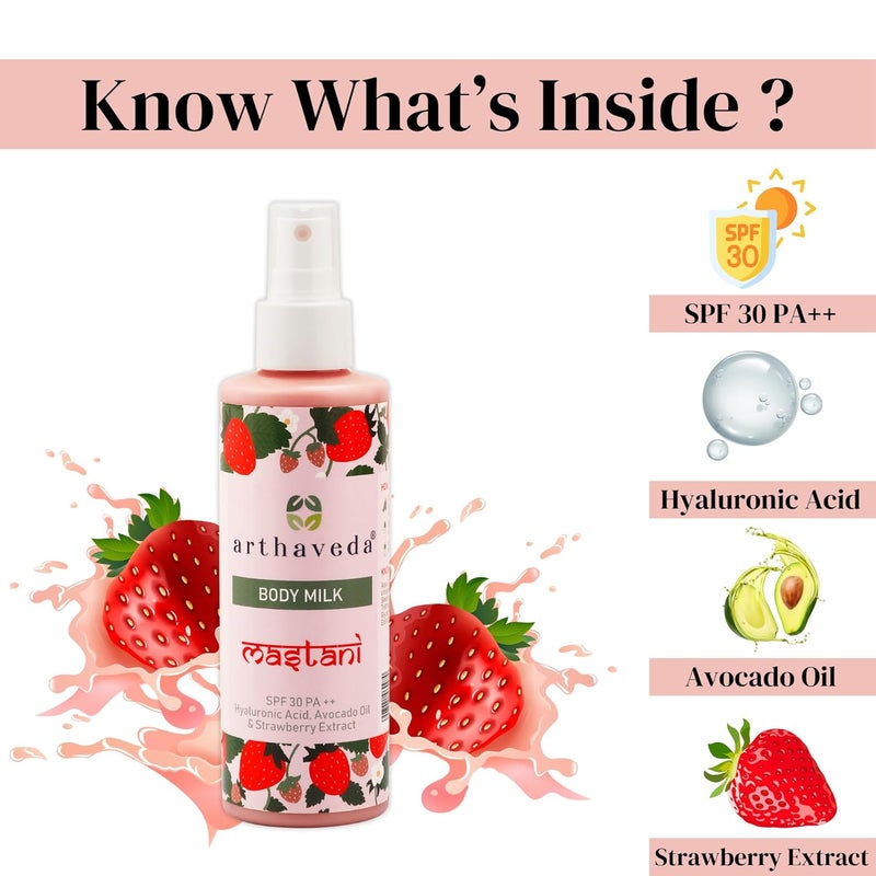 Arthaveda Body Milk Mastani with SPF 30 Hyaluronic Acid Avocado Oil Strawberry extract for Instant UV Protection I No White Cast I Nongreasy Lightweight I 200 ml - Image 4
