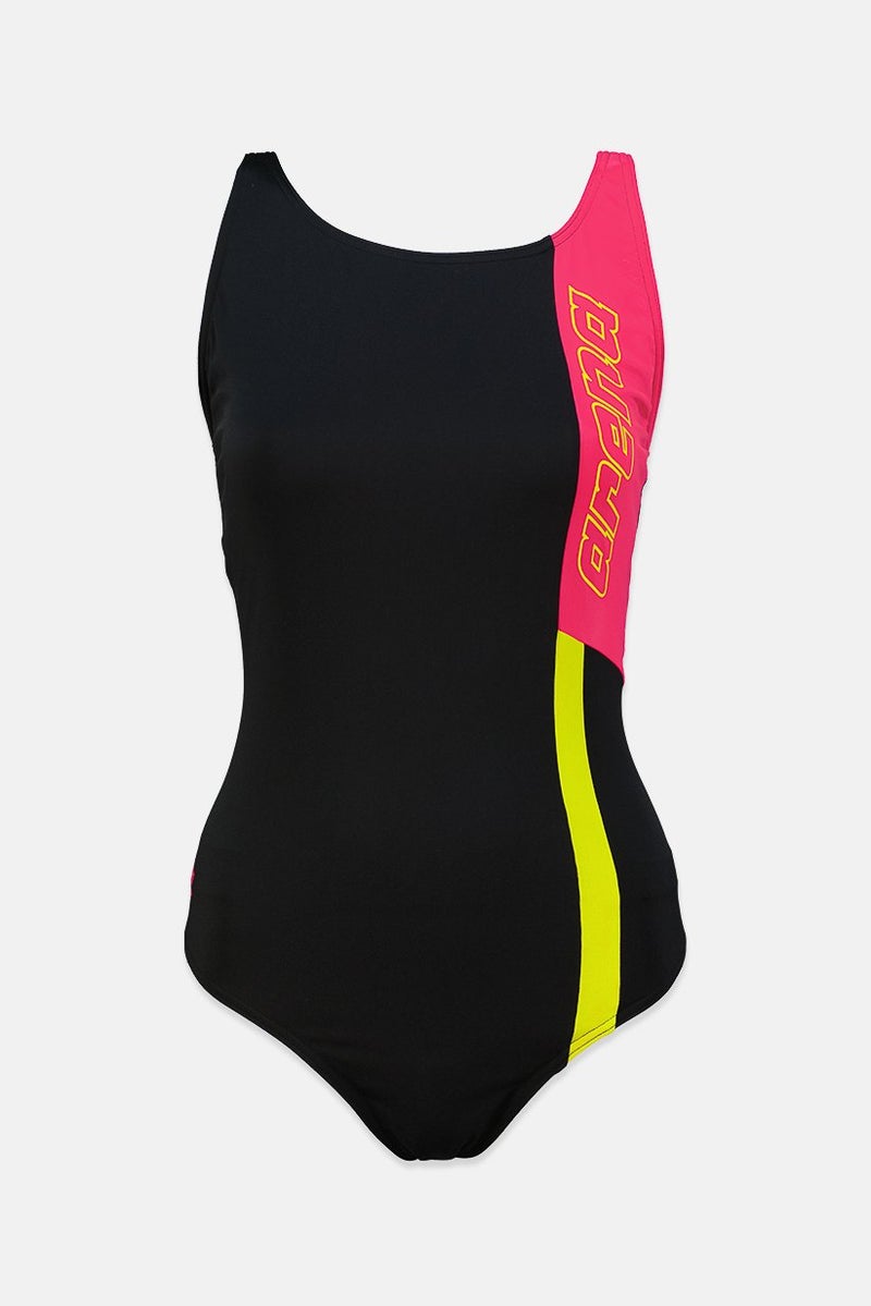 arena Women One Piece Graphic Print Swimsuit, Black and Pink  - Image 1