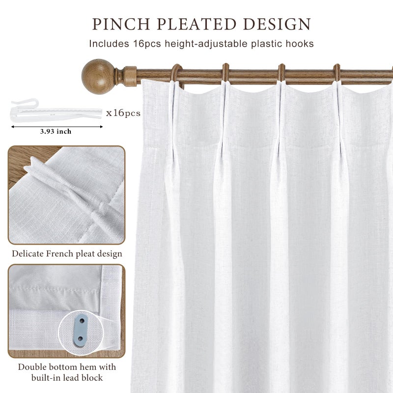 IVAPUPU Thick Linen Blend Pinch Pleated Blackout Curtains for Bedroom - Black Out White Curtains 95 Inch Long 2 Panel for Living Room Darkening Thermal 2 Pages Window Curtain Drapes with 16pc Hooks - Image 3