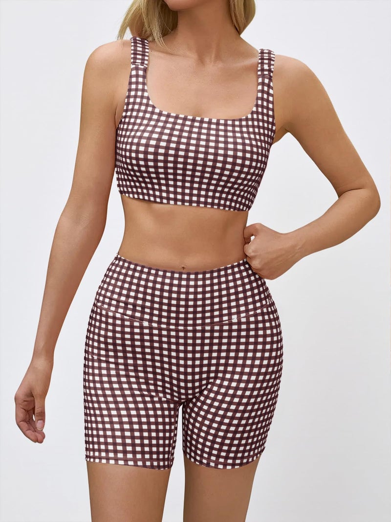 Aoysky Womens Workout Gingham 2 Piece Outfits Padded Open Back Crop Tank High Waist Sports Shorts Sets Casual Yoga Matching Sets - Image 2