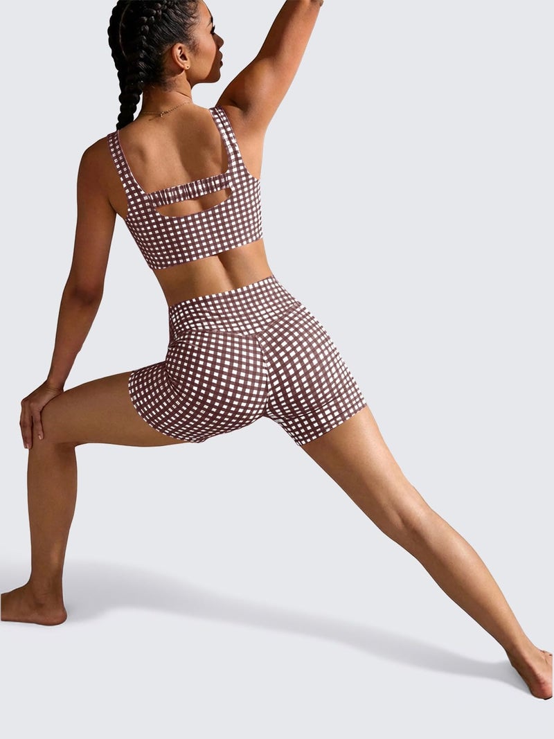 Aoysky Womens Workout Gingham 2 Piece Outfits Padded Open Back Crop Tank High Waist Sports Shorts Sets Casual Yoga Matching Sets - Image 5