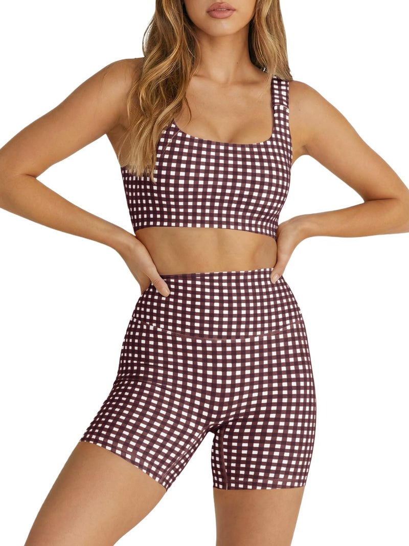 Aoysky Womens Workout Gingham 2 Piece Outfits Padded Open Back Crop Tank High Waist Sports Shorts Sets Casual Yoga Matching Sets - Image 1