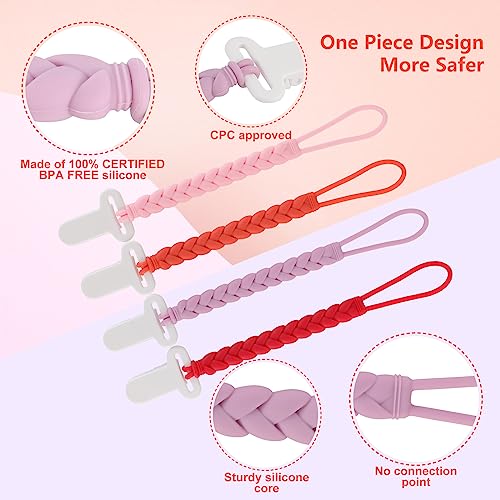 Slotic 4-Pack Silicone Pacifier Clips with a Woven Rope Shape for Baby Boys and Girls - Flexible and Rust-Free Holders for Teething Relief and Baby Essentials, Safe for Newborns (Pink) - Image 3