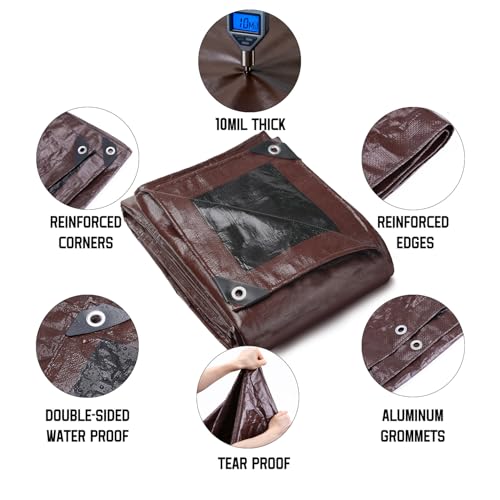 RhymBar 10 x 12 FT Waterproof Heavy Duty Tarp, 10 Mil Thick, Outdoor Furniture Covers, Plastic Insulated Tarpaulin for Camping Tent Roof Boat Patio Pool Cover, Large & Small Multi-Size Tarps, Brown/Black - Image 2