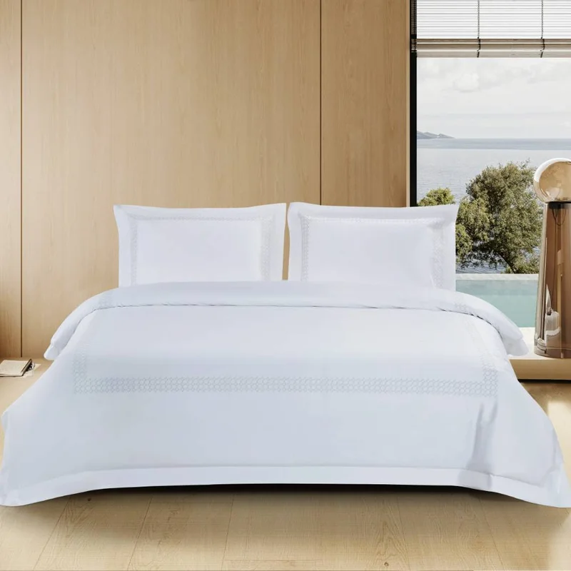 DWELL Dwell-Honeycomb Embroidered Duvet Cover Set - White/Silver-Duvet Cover - 260 x 240 CM, Fitted Sheet - 200 x 200 x 38 CM Pillow cases 50 x 80CM-White/Silver