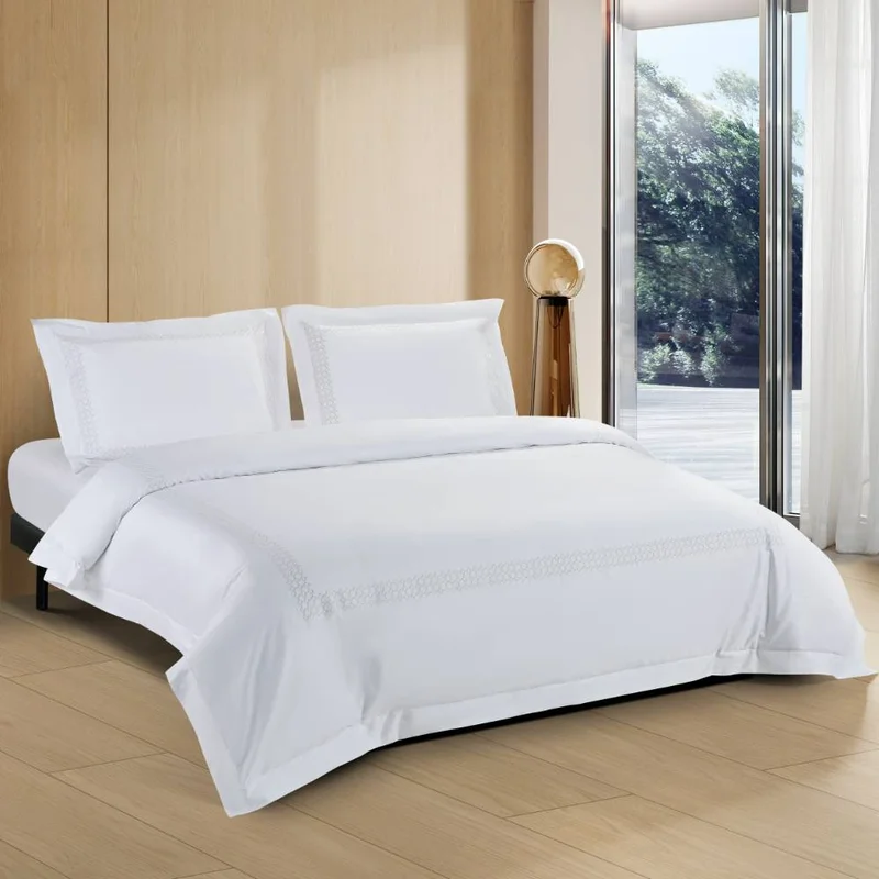 DWELL Dwell-Honeycomb Embroidered Duvet Cover Set - White/Silver-Duvet Cover - 260 x 240 CM, Fitted Sheet - 200 x 200 x 38 CM Pillow cases 50 x 80CM-White/Silver
