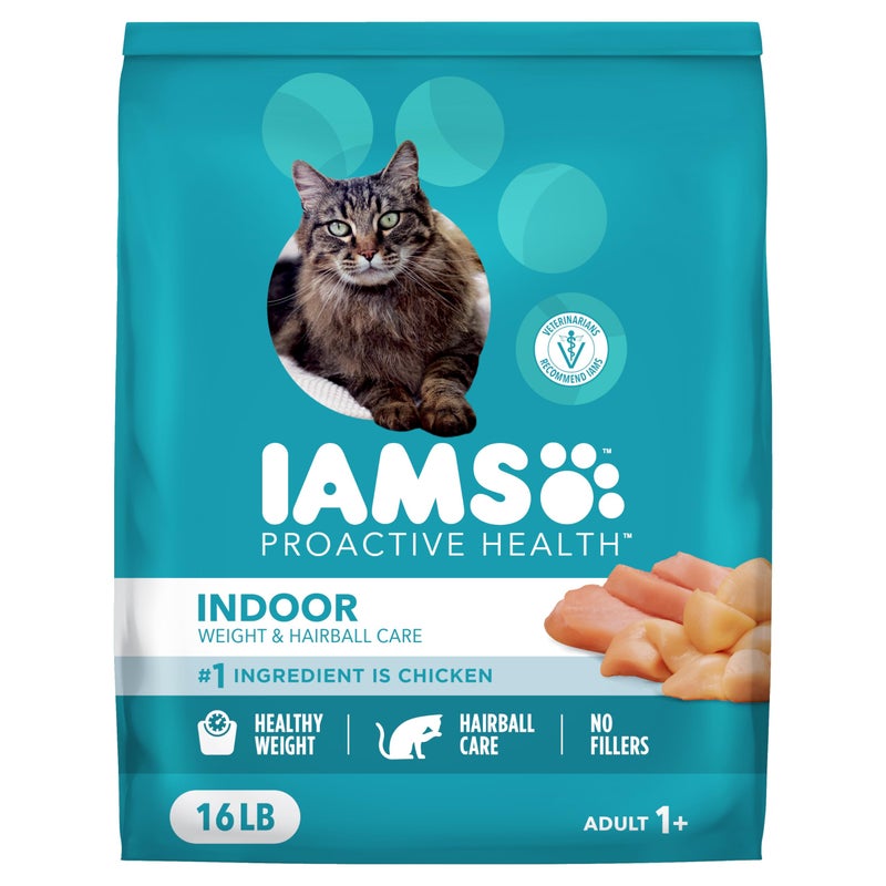 IAMS Proactive Health Dry Cat Food, Indoor Weight and Hairball Care Cat Food Dry Recipe, with Real Chicken in Every Bite, 16 lb. Bag - Image 1