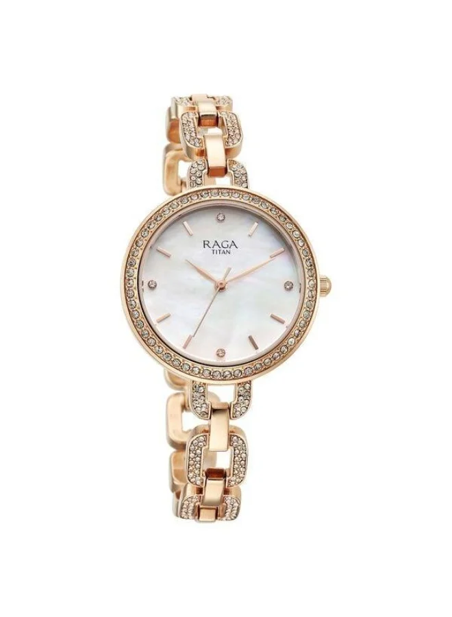 TITAN Raga Showstopper Quartz Analog White Mother of Pearl Dial Rose Gold Metal Strap Watch for Women - 95272WM01