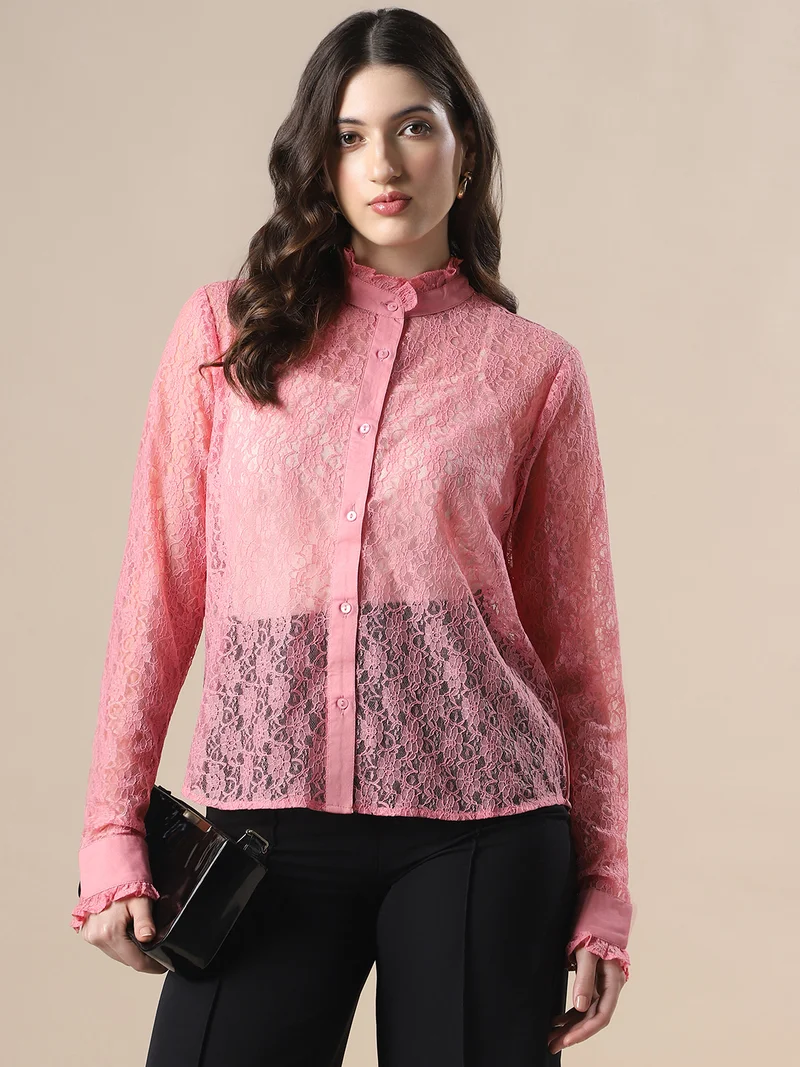 Globus Women Pink Frilled Neck Cuffed Sleeves Curved Hem Floral Lace Party Shirt