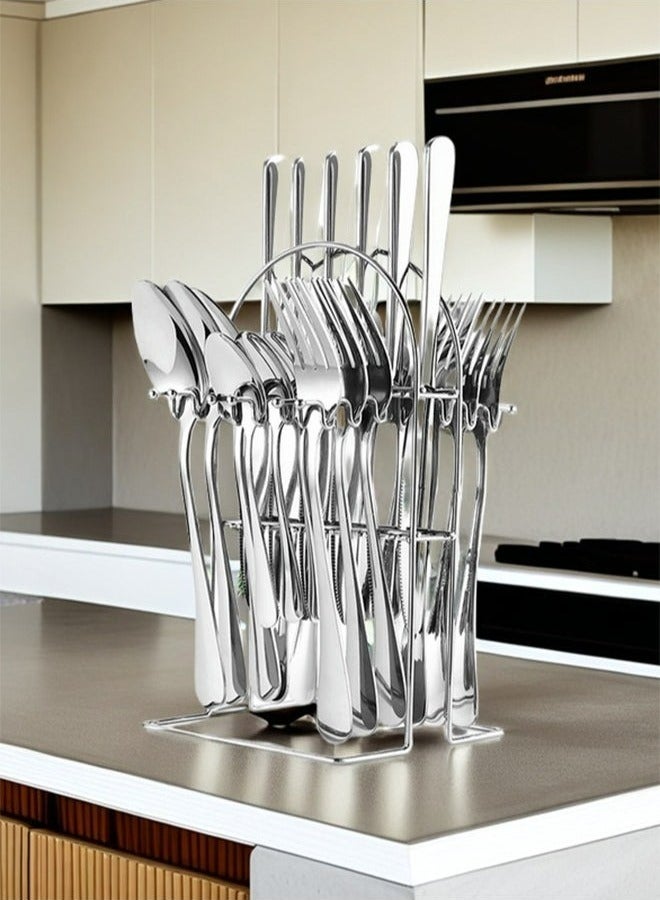 RollsTimi  24PCS Flatware Set, Stainless Steel Flatware Cutlery Set, Silverware Set with Spoon Knife and Fork, Mirror Polished, Dishwasher Safe, with Hanging Cutlery - Image 1