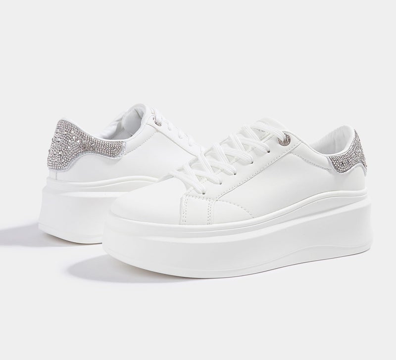 LUCKY STEP Women's Platform Fashion Sneakers Faux Leather Classic Tennis Shoes Low Top Casual Walking Shoes(White/Silver Rhinestone,9 US) - Image 5