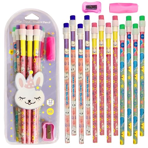 FunBlast Pencil Set for Kids – 12 Pcs Pencil Set with Sharpener, Erasers and pencil Grip, Kawaii Pencil Sets, Pencil Stationery Kit for Kid, Boys and Girls, Return Gifts for Kids (Purple) - Image 1