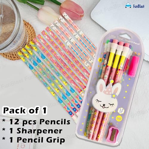FunBlast Pencil Set for Kids – 12 Pcs Pencil Set with Sharpener, Erasers and pencil Grip, Kawaii Pencil Sets, Pencil Stationery Kit for Kid, Boys and Girls, Return Gifts for Kids (Purple) - Image 4