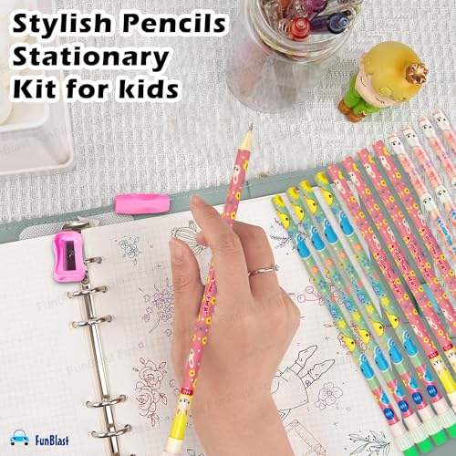 FunBlast Pencil Set for Kids – 12 Pcs Pencil Set with Sharpener, Erasers and pencil Grip, Kawaii Pencil Sets, Pencil Stationery Kit for Kid, Boys and Girls, Return Gifts for Kids (Purple) - Image 5