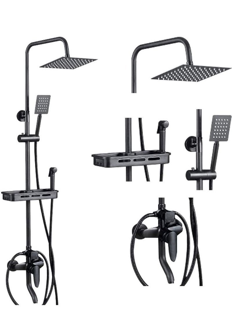 Matte Black Exposed Shower System Triple Function Bathroom Shower Faucet Swivel Rainfall Shower Head with Handheld Adjustable Complete Set Tub Spout Wall Mount Tap Set