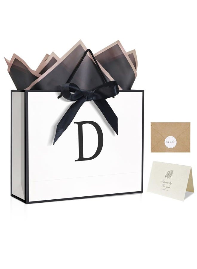 QLSKO Personalized Gift Wrap Bag Set, Monogrammed Initial, Card, Envelope, Sticker, Ribbon, Tissue (White, D-Medium) - Image 1