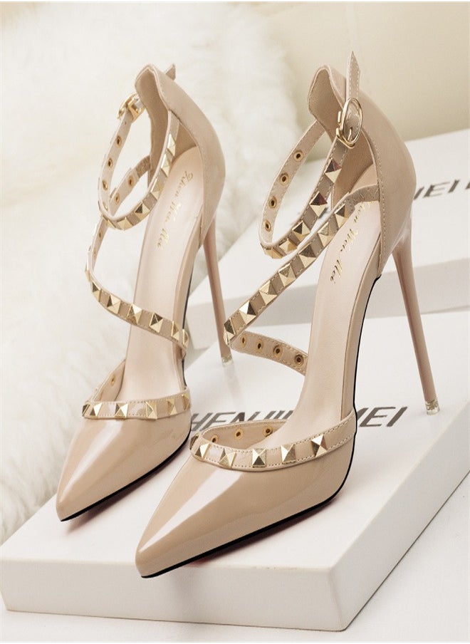 Eloshman - Minimalist Shallow Mouthed Pointed Rivet Hollowed Out One Line High Heels Beige - Image 1