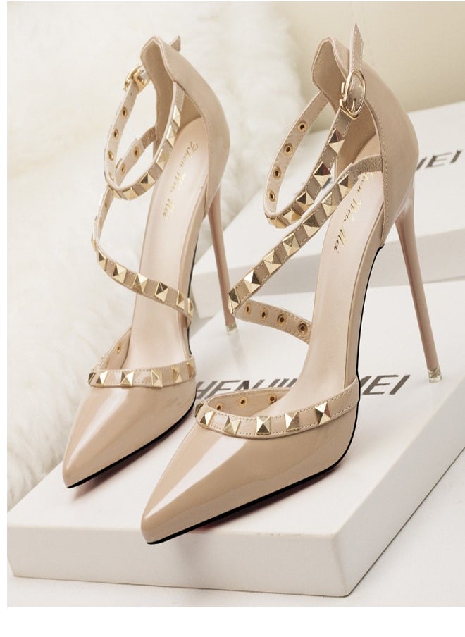 Eloshman - Minimalist Shallow Mouthed Pointed Rivet Hollowed Out One Line High Heels Beige - Image 1
