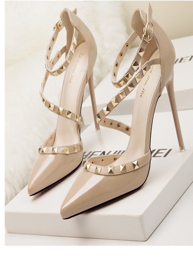 Eloshman - Minimalist Shallow Mouthed Pointed Rivet Hollowed Out One Line High Heels Beige - Image 1