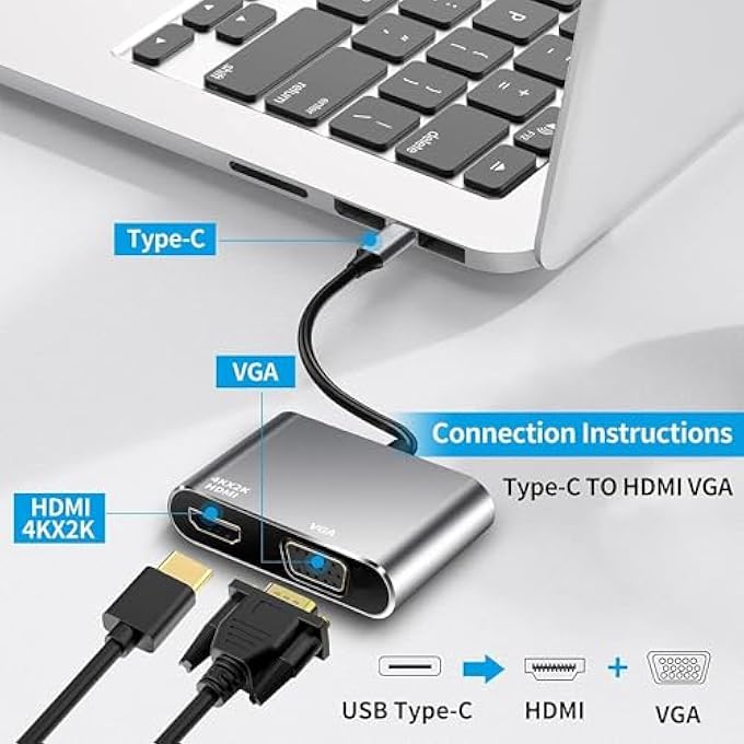 rayihni USB C TO HDMI VGA ADAPTER, 2 IN 1 USB TYPE C THUNDERBOLT 3 TO HDMI & VGA CABLE FOR MAKBOOK PRO 2020/2019/2018/DELLL XPS 13/S8/S9/HUA-WEI MATE30 AND MORE. (GREY) - Image 3