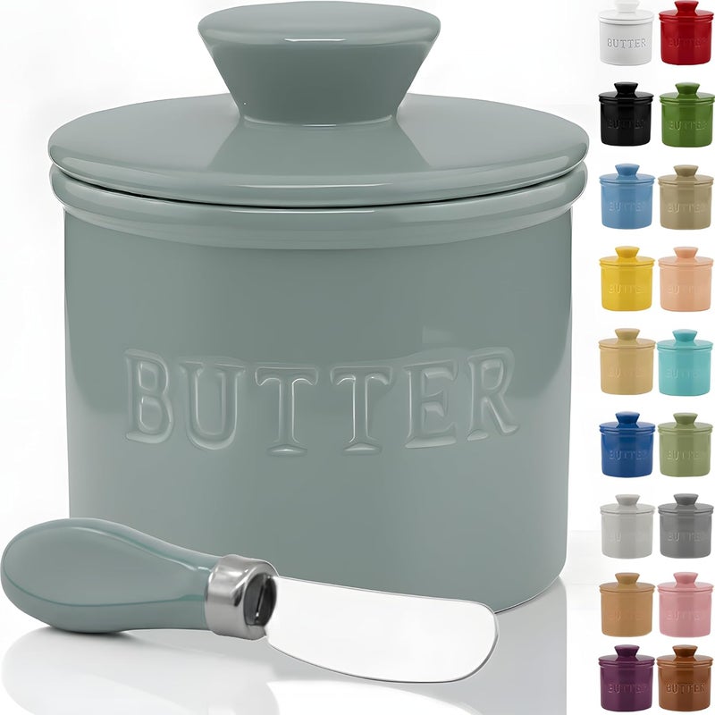 Priority Chef PriorityChef Butter Crock with Lid with Water Line, Ceramic French Butter Dish to Leave On Counter, Light Grey - Image 1