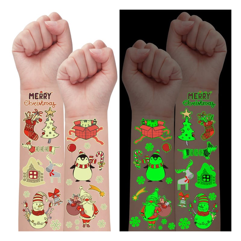 Partywind 10 Sheets Luminous Christmas Temporary Tattoos for Kids Stocking Stuffers Christmas Party Decorations Supplies Favors for Birthday Xmas Holiday Stickers Games Toys for Boys Girls