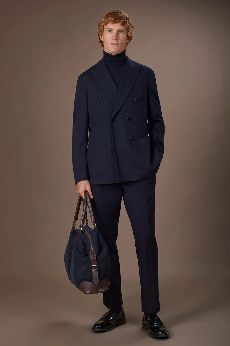 Men's double-breasted jacket in cavalry jersey fabric regular fit - DK Blue