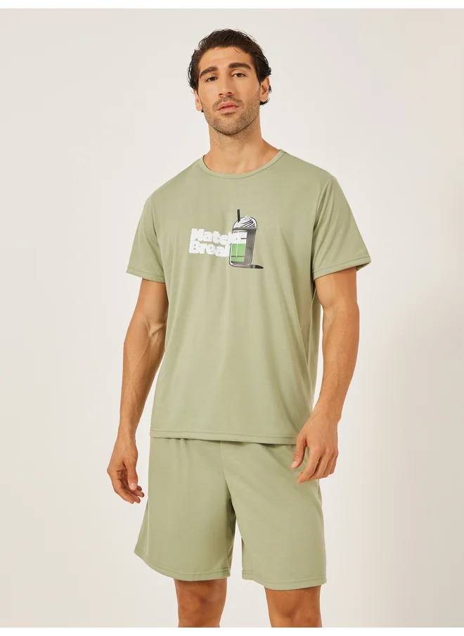 ستايلي Styli Unwind Graphic Printed T-Shirt and Solid Shorts Set