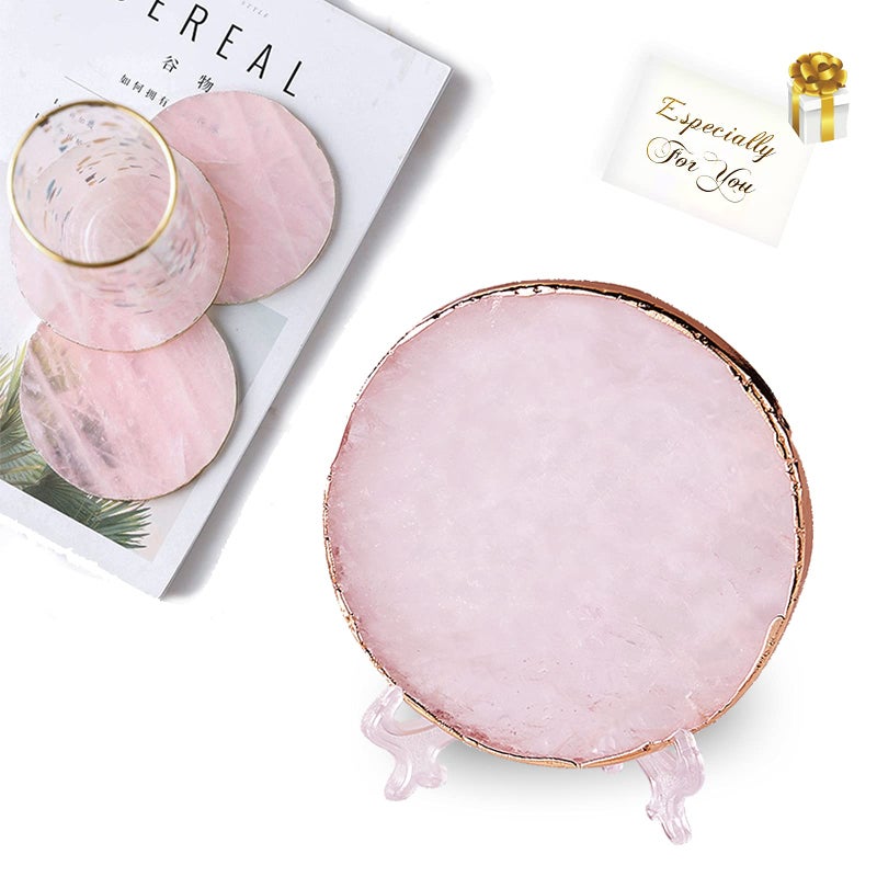 Rose Quartz Coaster Single with Stand 1PcsPink Round Agate Coaster for DrinksNatural Rose Crystal Stone with Golden Edge Gemstone Geode Decor Gifts 1
