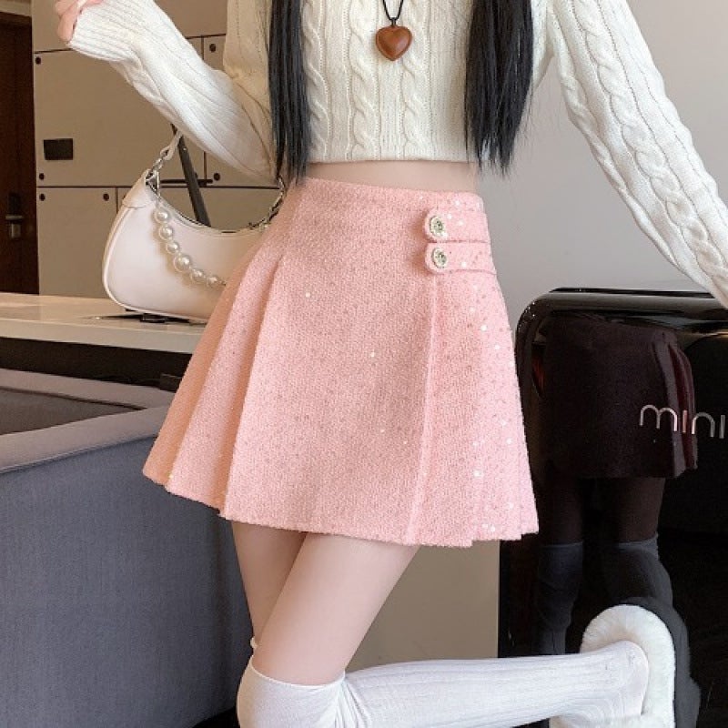 Autumn and Winter New High Waist Skirt Pleated Skirt All-match Black Small A- line Skirt Slim Skirt Womens Skirt Pink Belt Safety Pants