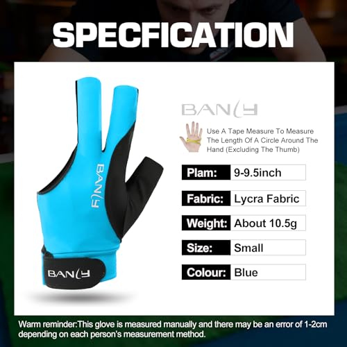 Banly Billiard Pool Gloves Fits on Left Hand 3 Finger, Small Snooker Cue Sport Glove, Billiards Players Sporty Compact Pull On Half Finger Billiard Glove, Blue - Image 5
